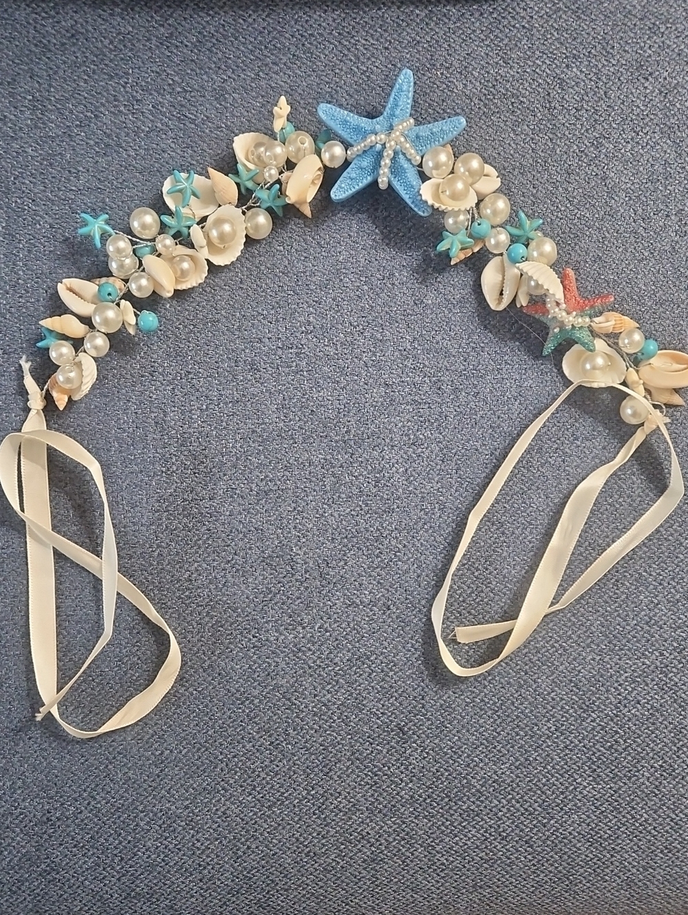 Beach-Inspired Pearl & Shell Hairpiece with Blue Starfish Accent